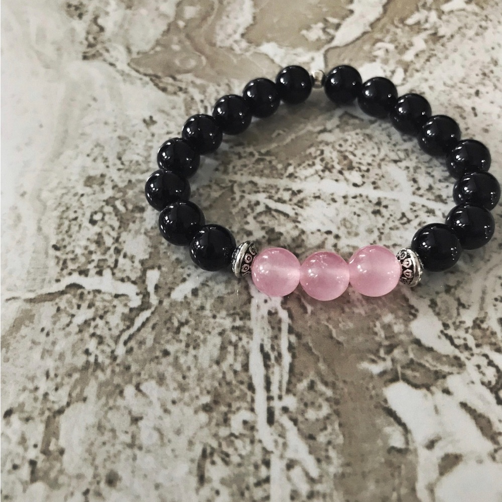 Breast Cancer Awareness - Onyx & Pink Malaysia Jade Natural Stone Bracelet - Picture 4 of 5